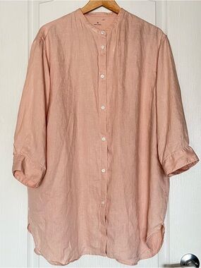 MUJI 100% Hemp Band Collar Tunic Peach Pink 7-Sleeve Shirt XL Coastal Grandma